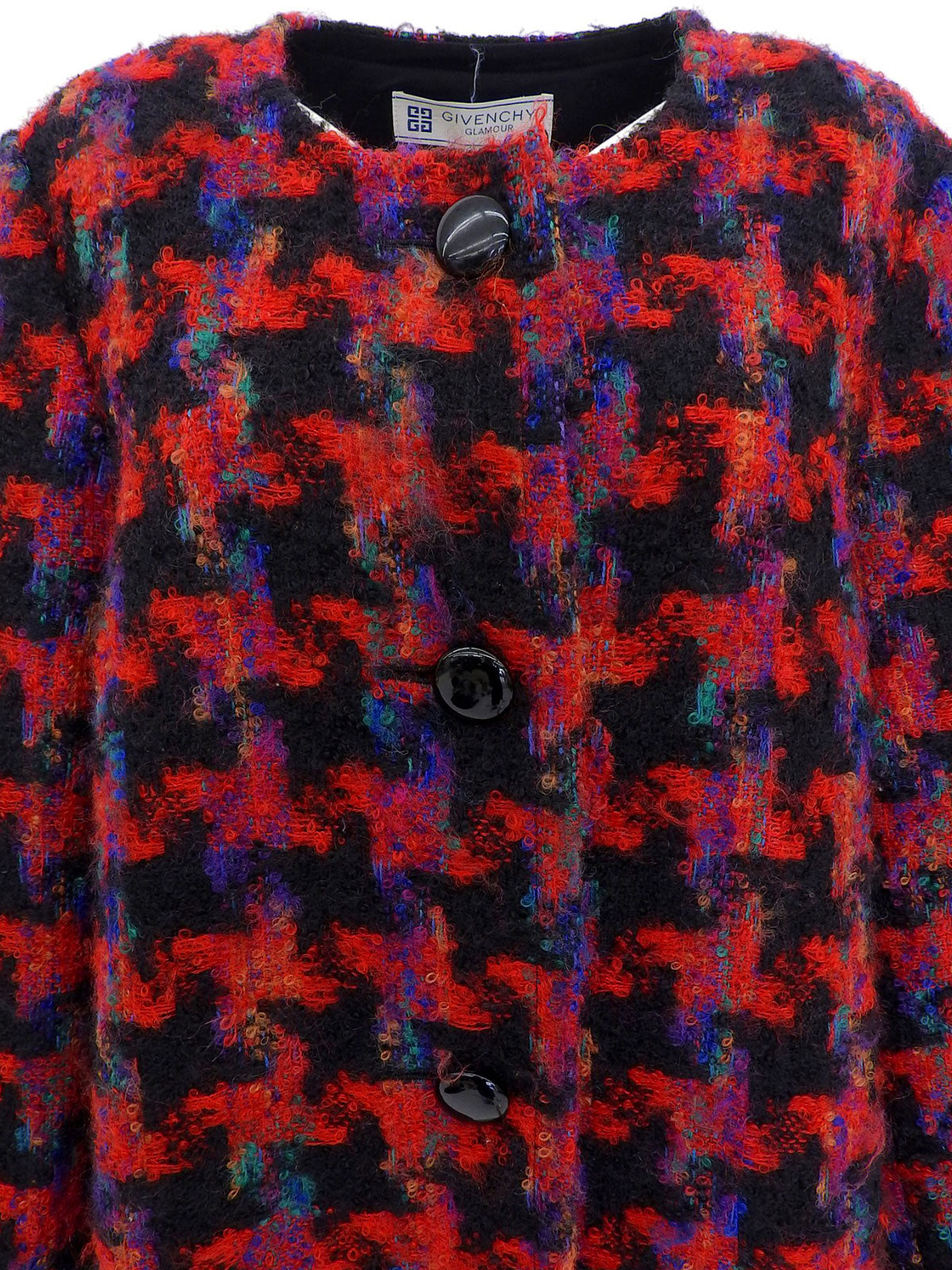 ハウンドトゥースパターンノーカラージャケット レッド/ブラック/マルチ