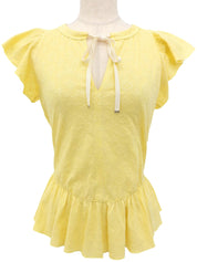 Monogram Embroidered Frill Short Sleeve Blouse in Yellow