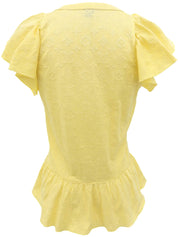 Monogram Embroidered Frill Short Sleeve Blouse in Yellow