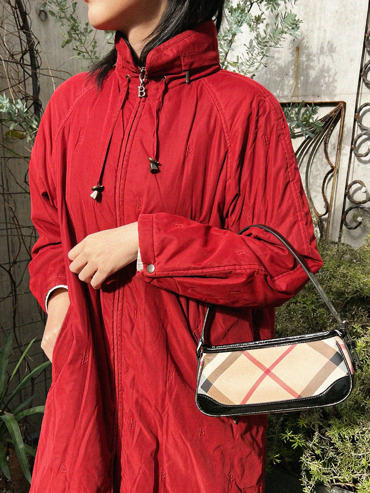 Canvas Patent Combination Check Pattern One-Shoulder Bag Black/Beige