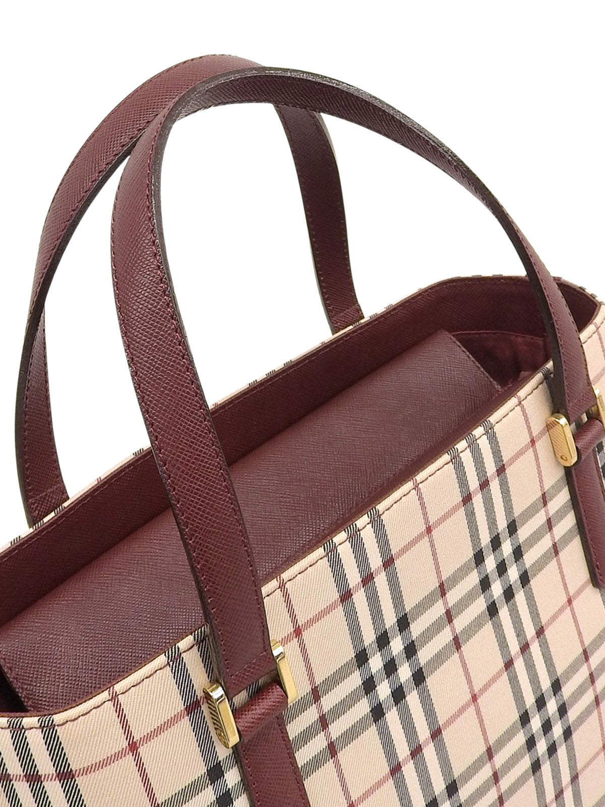 ノバチェックパターンロゴエンボスハンドバッグ ベージュ/ボルドー