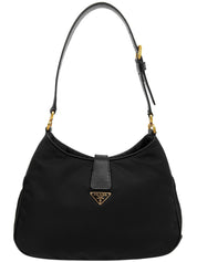 Nylon logo plate shoulder bag in black