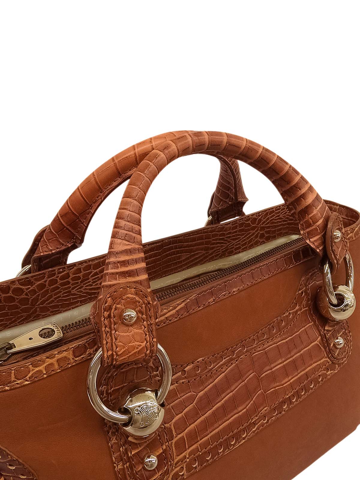 Crocodile embossed handbag, brown