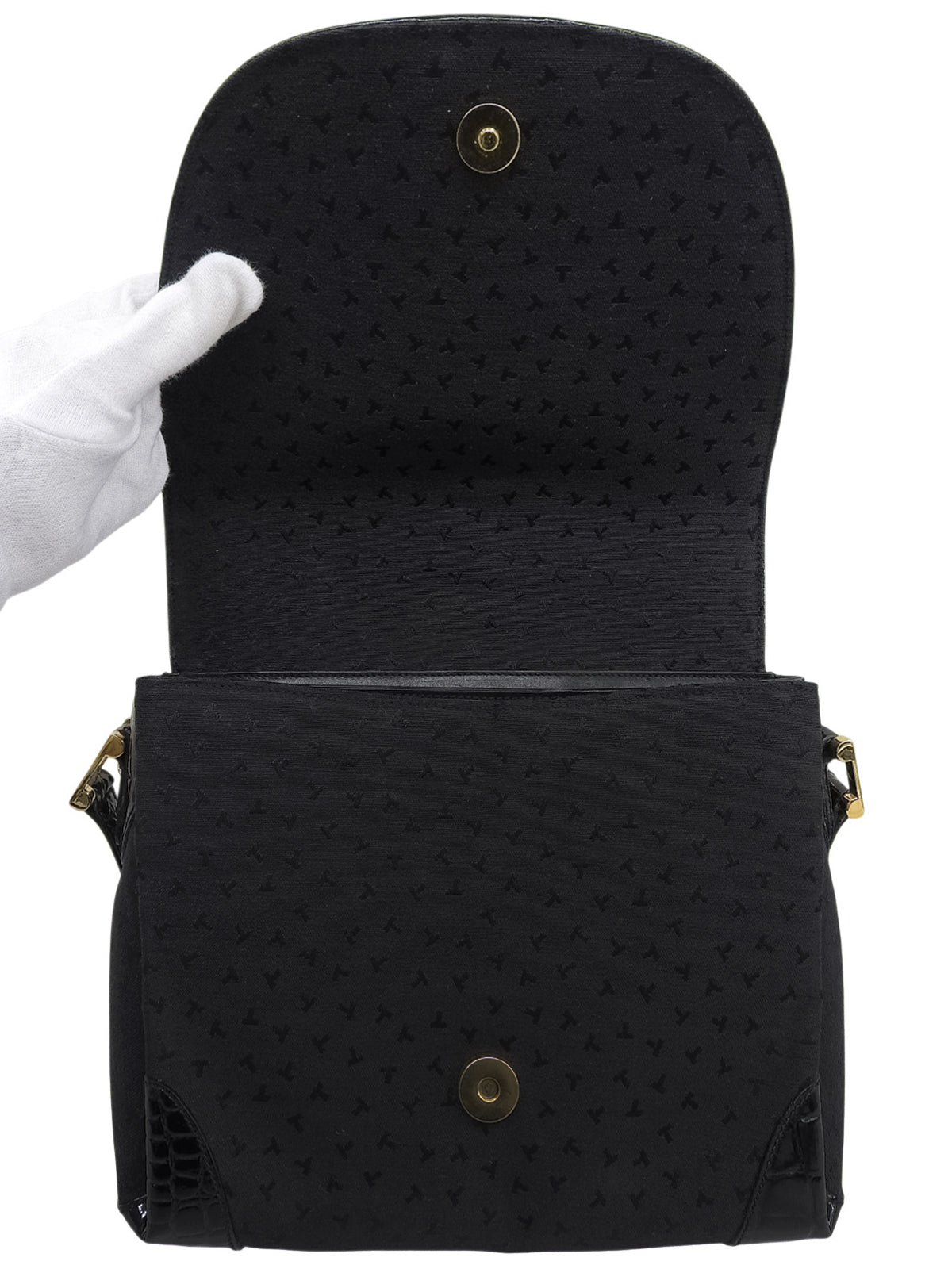 Canvas Croco Embossed Logo Pattern Shoulder Bag Black