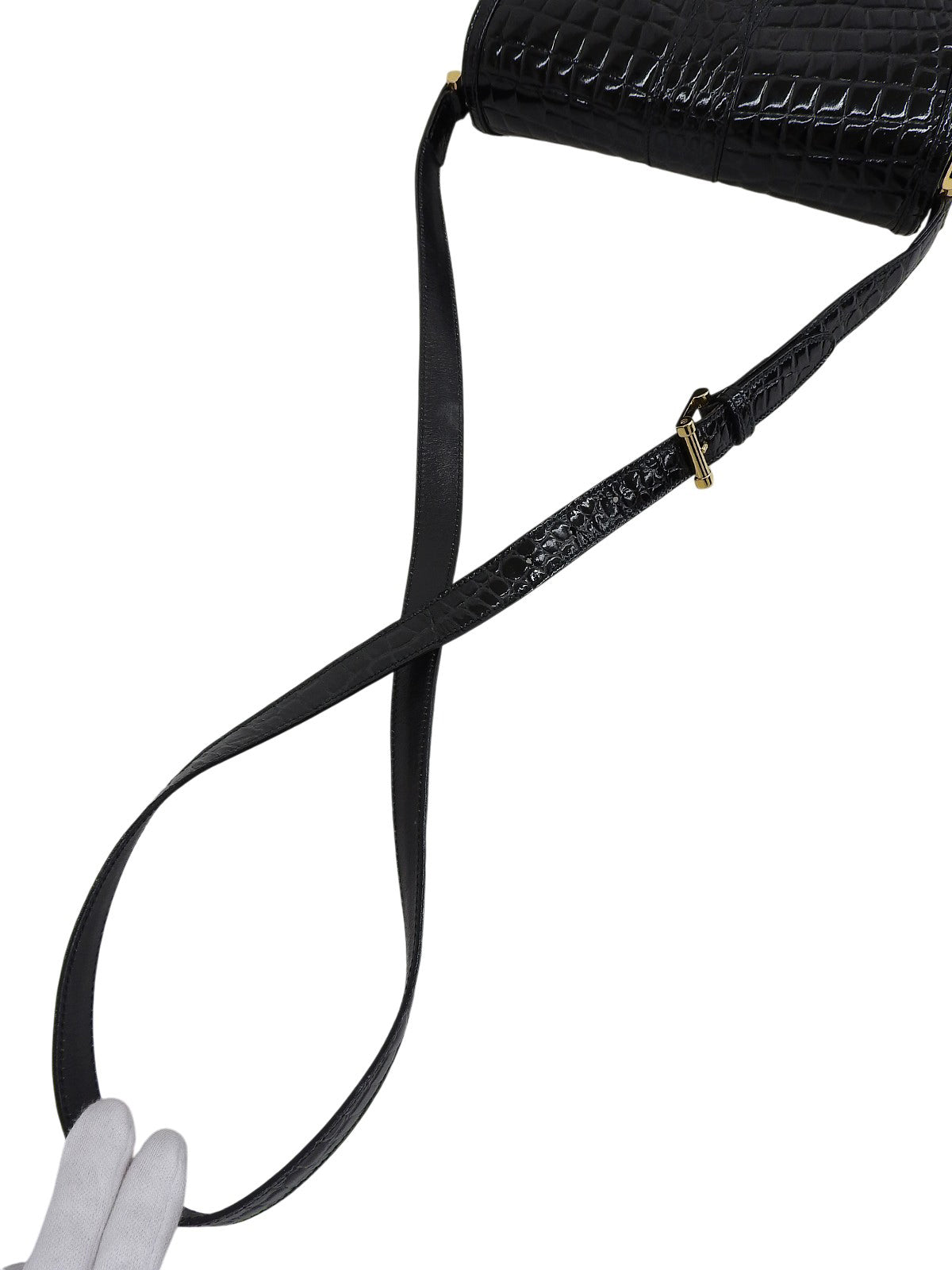 Canvas Croco Embossed Logo Pattern Shoulder Bag Black