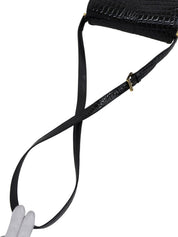 Canvas Croco Embossed Logo Pattern Shoulder Bag Black