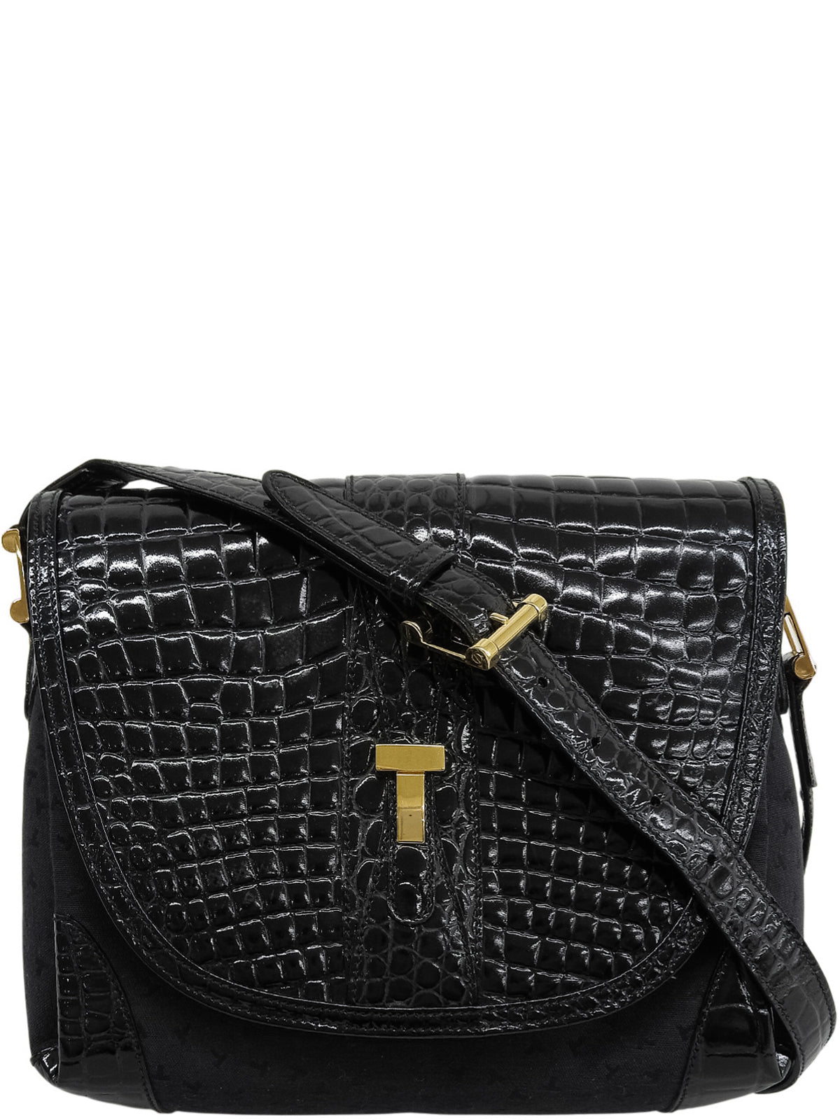 Canvas Croco Embossed Logo Pattern Shoulder Bag Black