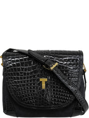 Canvas Croco Embossed Logo Pattern Shoulder Bag Black