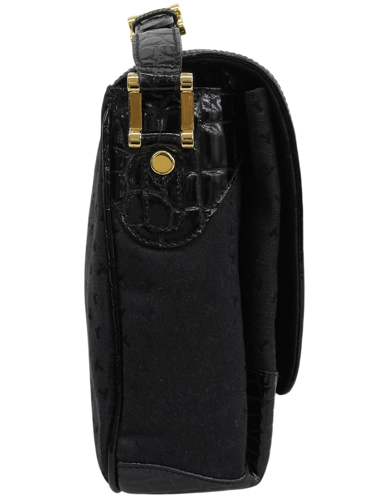 Canvas Croco Embossed Logo Pattern Shoulder Bag Black