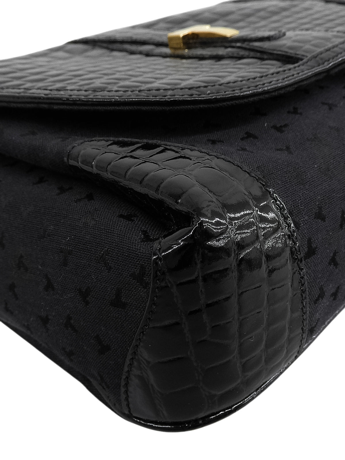 Canvas Croco Embossed Logo Pattern Shoulder Bag Black