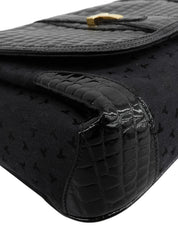 Canvas Croco Embossed Logo Pattern Shoulder Bag Black