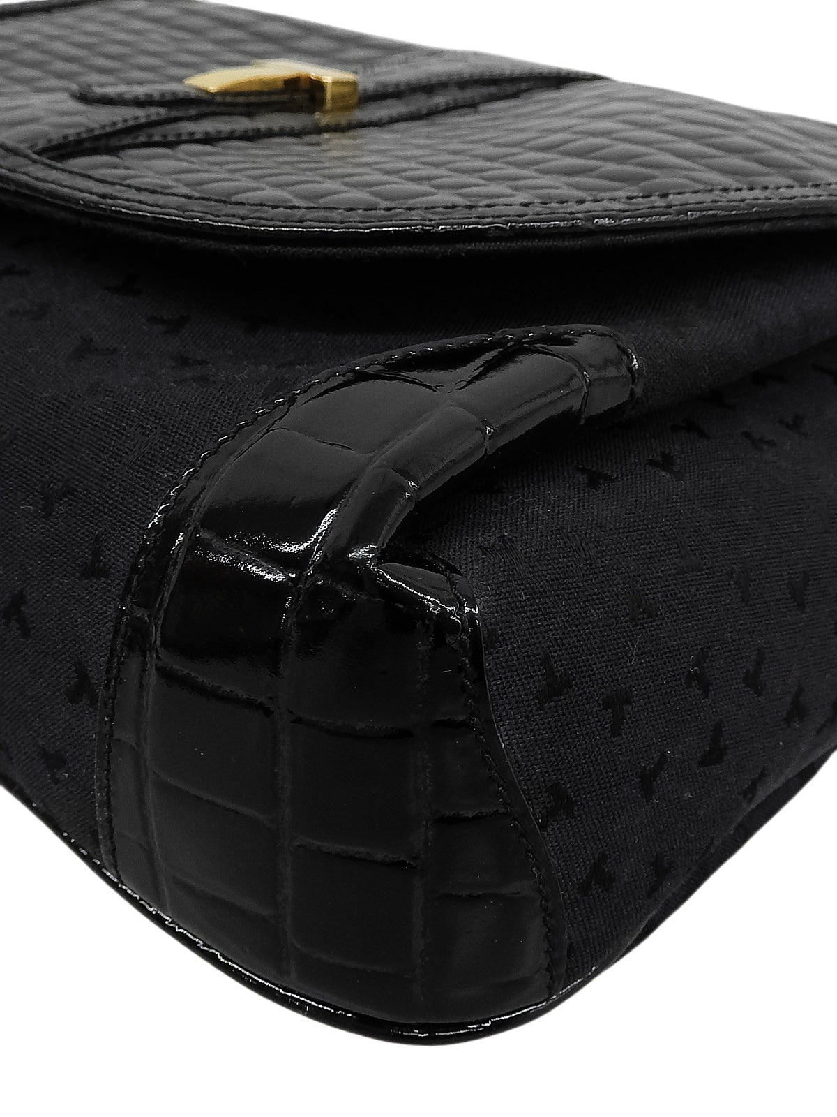 Canvas Croco Embossed Logo Pattern Shoulder Bag Black