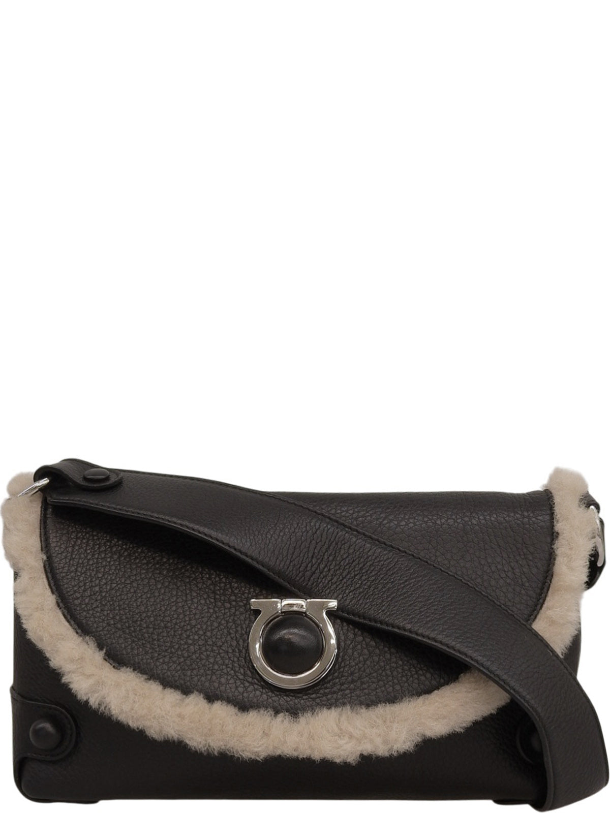 Gancini Plate 黑色皮革和羊毛肩包