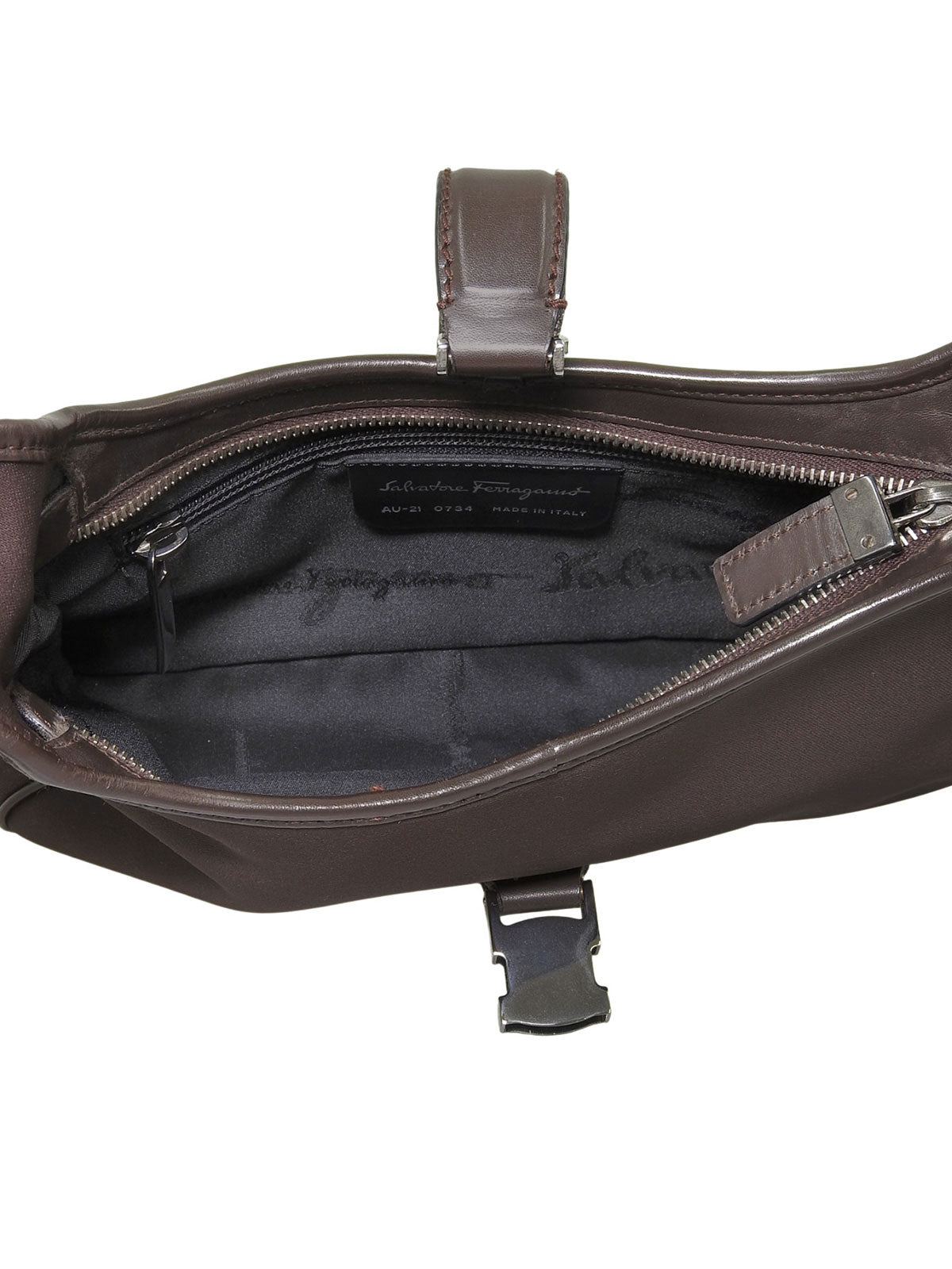 Nylon and leather combination logo plate one-shoulder bag in brown