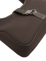 Nylon and leather combination logo plate one-shoulder bag in brown