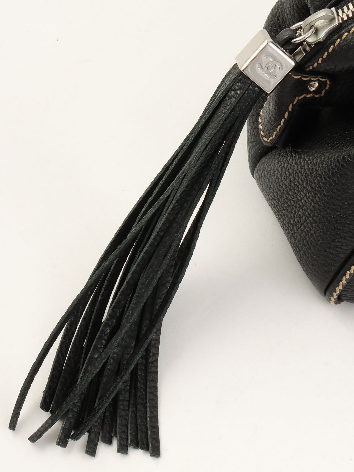 2003 Caviar Skin Logo Embossed Fringe Handbag in Black