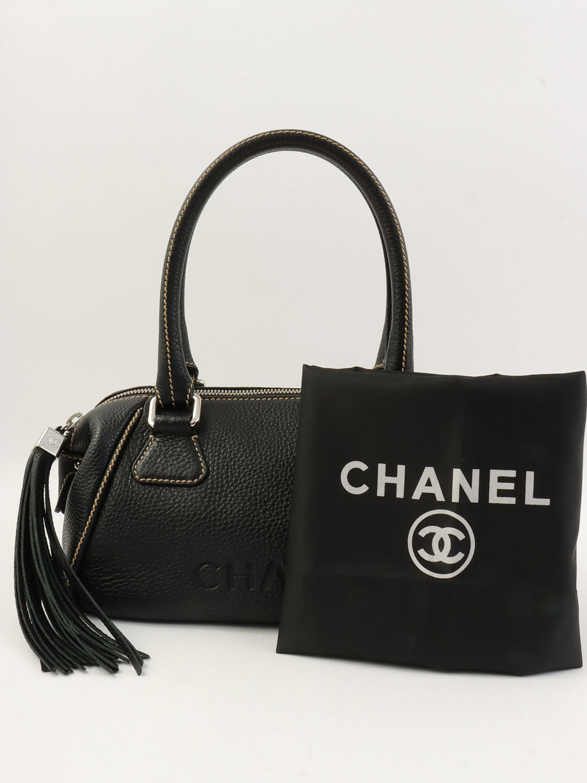 2003 Caviar Skin Logo Embossed Fringe Handbag in Black