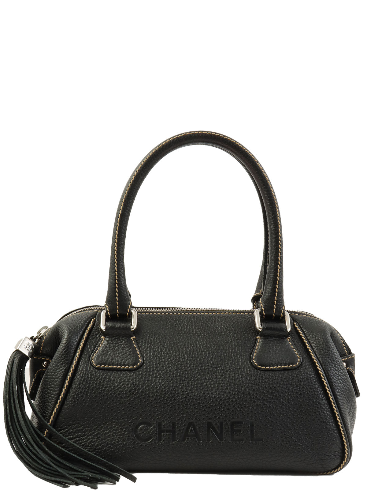 2003 Caviar Skin Logo Embossed Fringe Handbag in Black