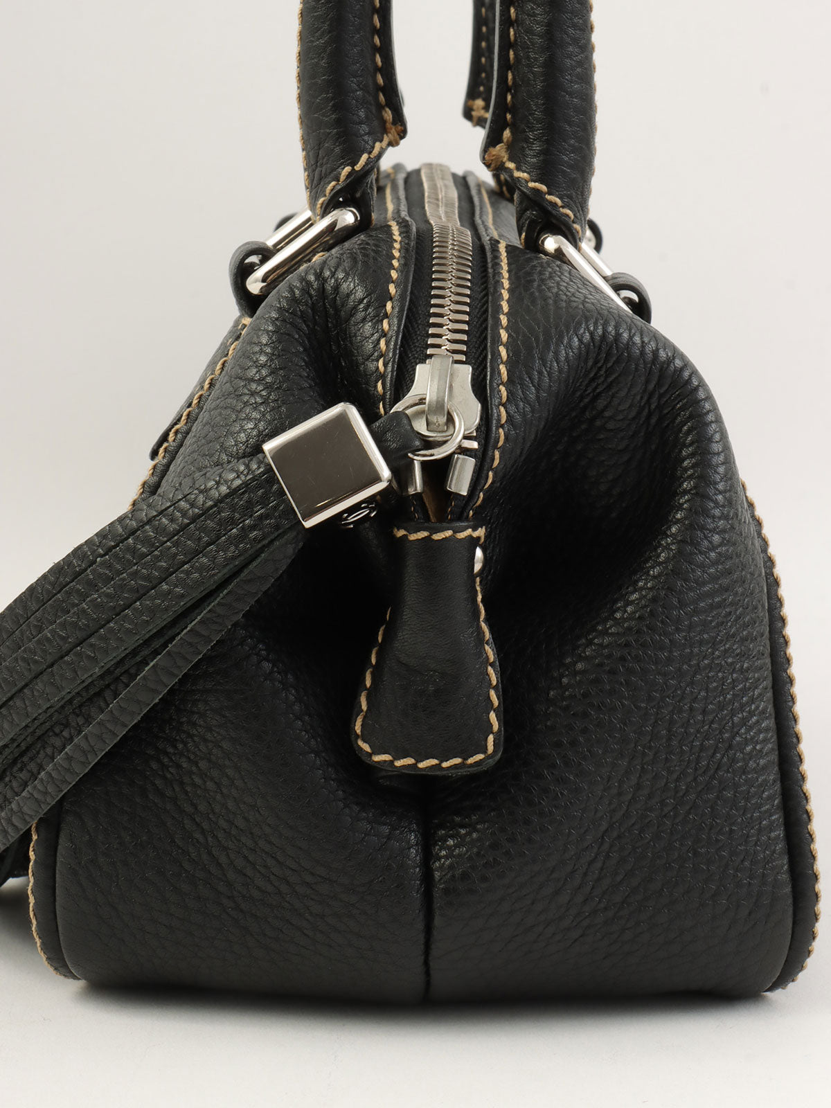 2003 Caviar Skin Logo Embossed Fringe Handbag in Black