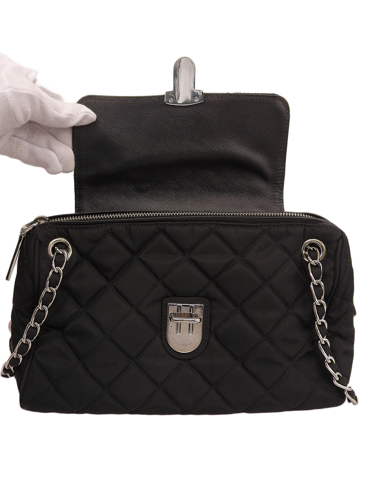 Nylon logo plate chain shoulder bag in black