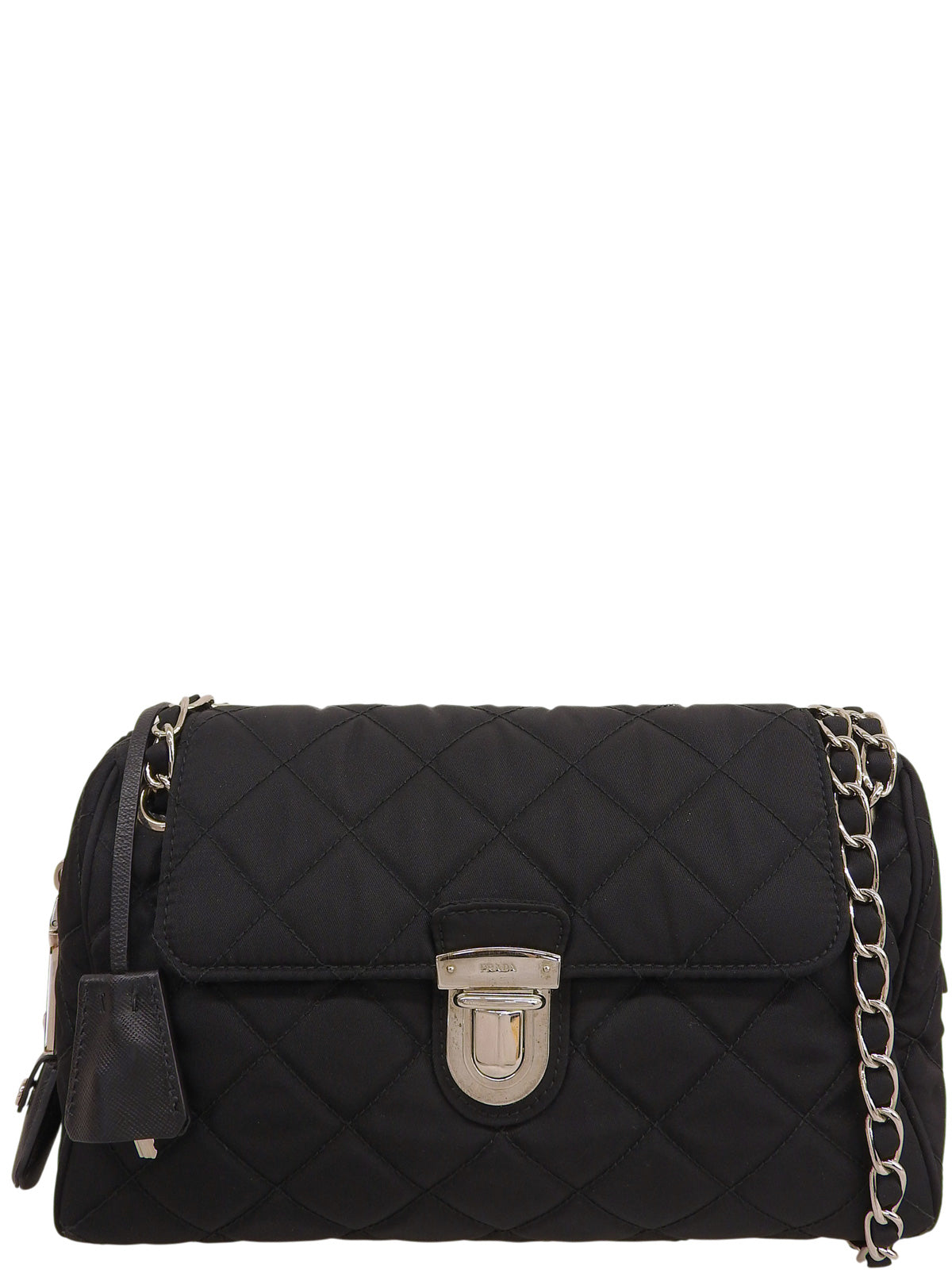 Nylon logo plate chain shoulder bag in black