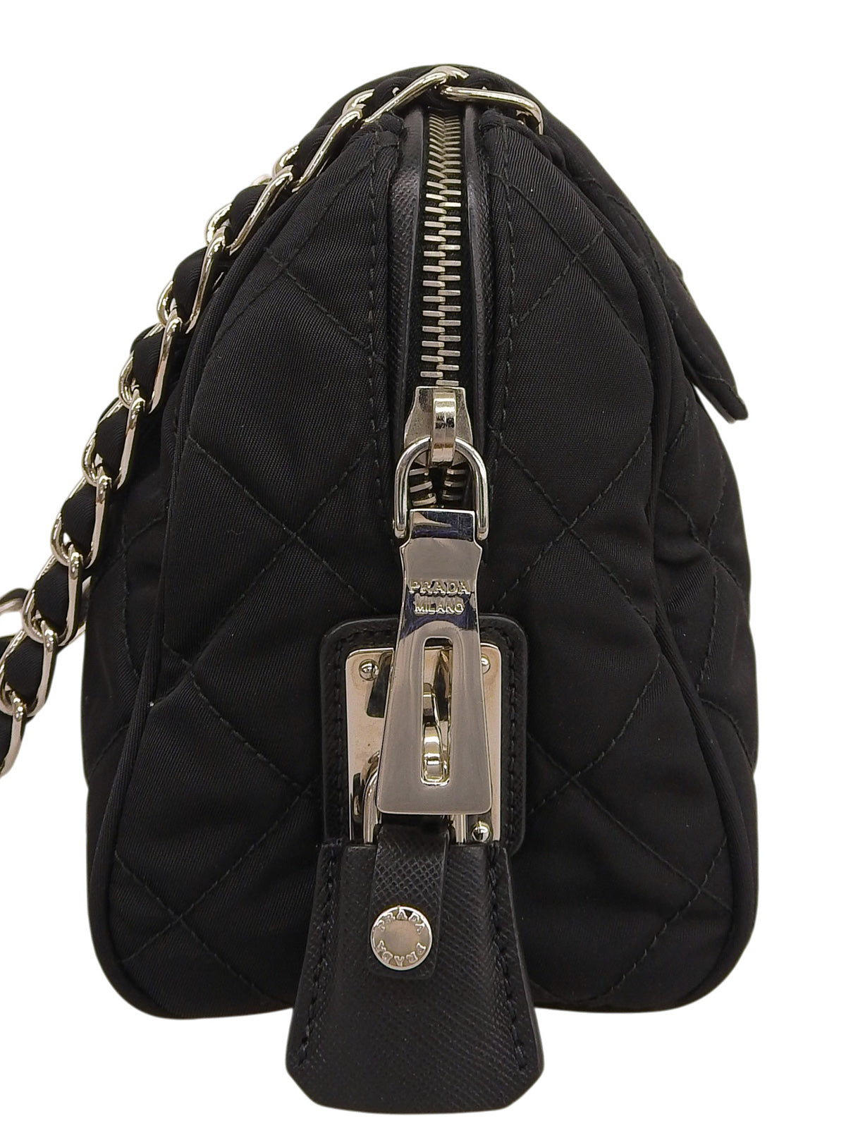 Nylon logo plate chain shoulder bag in black