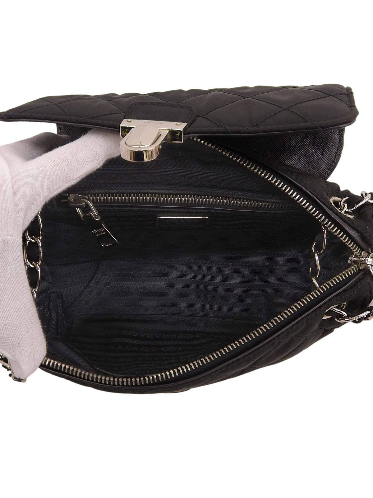 Nylon logo plate chain shoulder bag in black