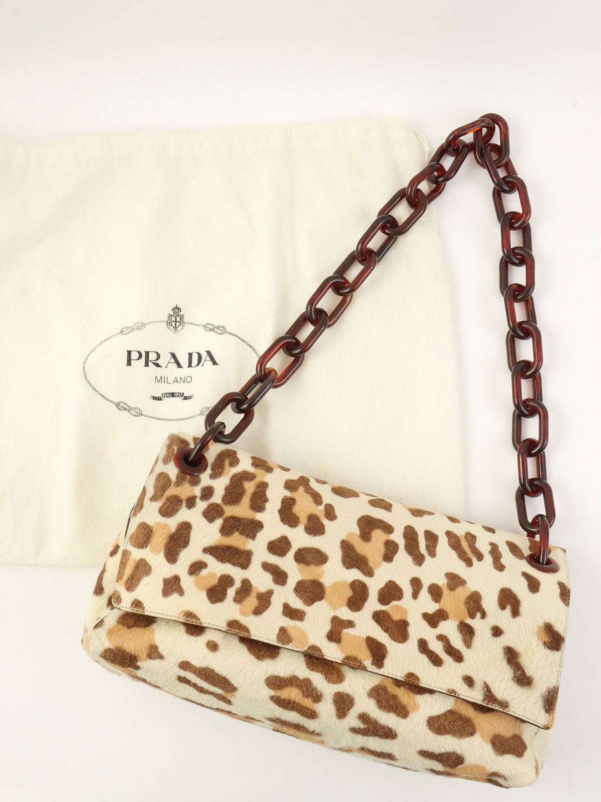 Harako Leopard Print Logo Plate Plastic Shoulder Bag in Ivory/Brown