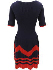 ロゴプレート半袖ニットワンピース ネイビー/レッド