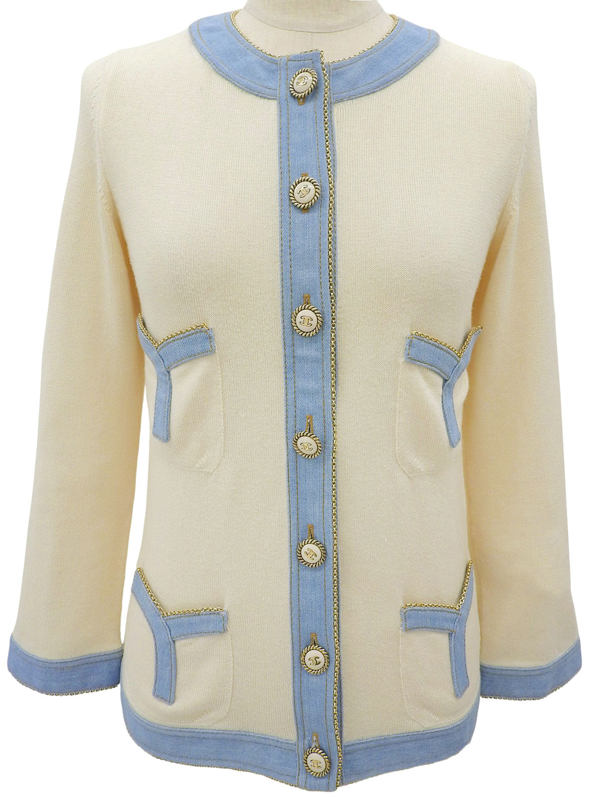 2007 Denim Knit Combo CC Mark Button Cardigan #36 Off-white/Light Blue