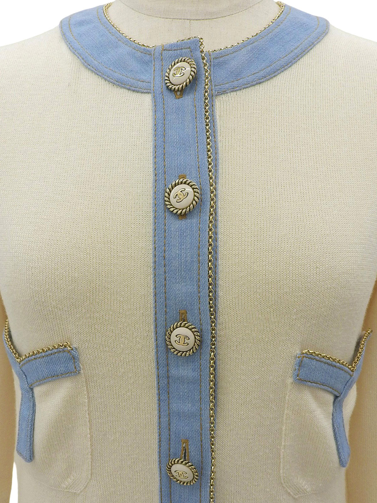 2007年製 デニムニットコンビCCマークボタンカーディガン オフホワイト/ライトブルー