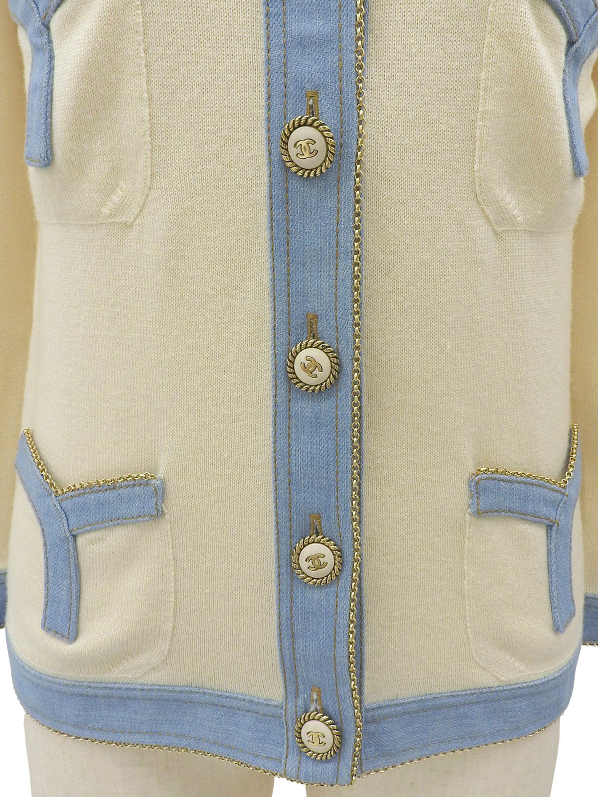 2007 Denim Knit Combo CC Mark Button Cardigan #36 Off-white/Light Blue