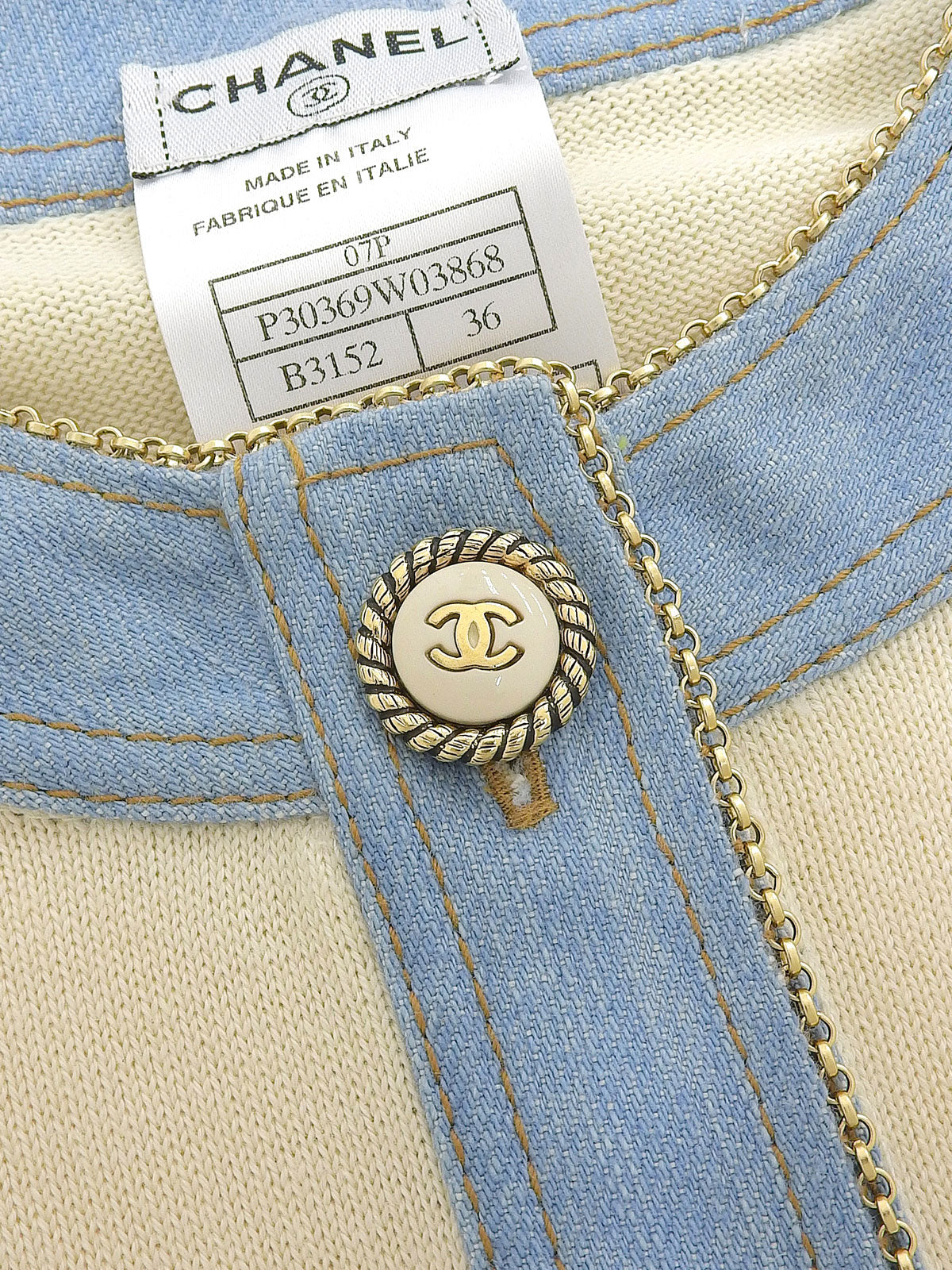2007 Denim Knit Combo CC Mark Button Cardigan #36 Off-white/Light Blue