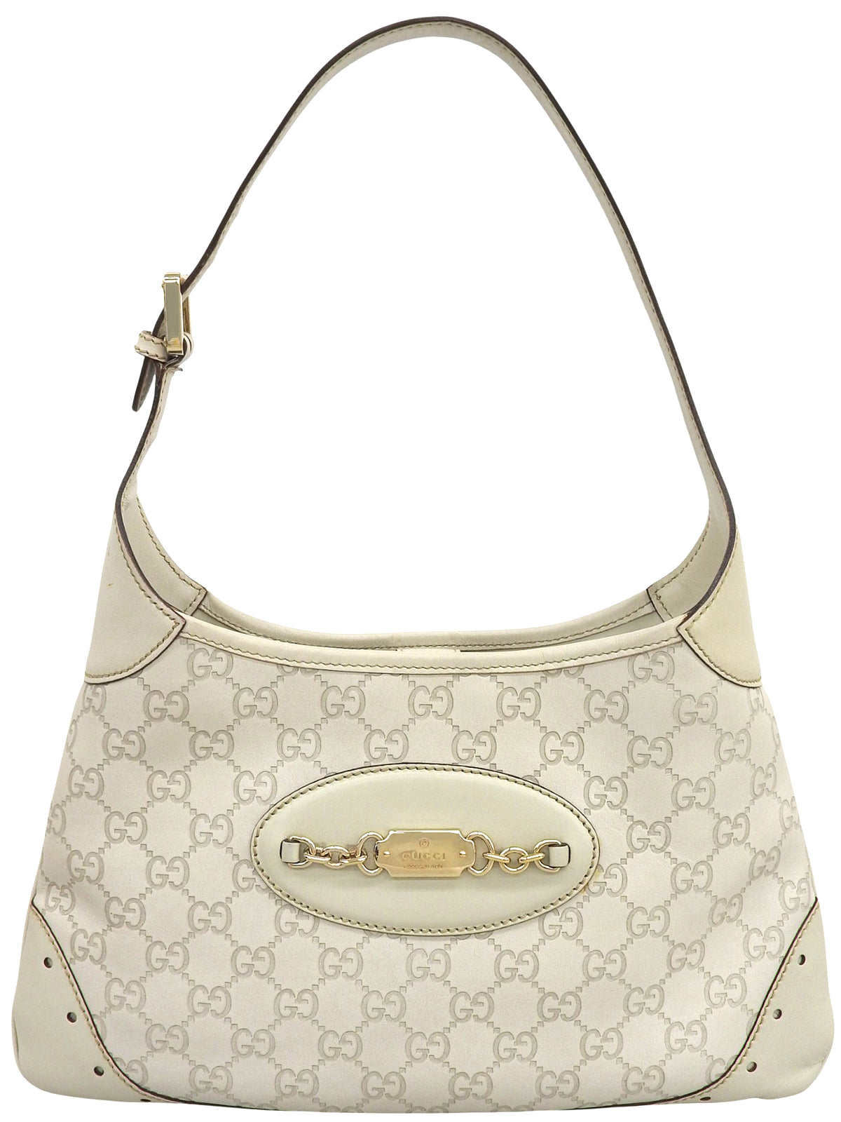 Guccissima 图案 Logo 饰板单肩包，米白色
