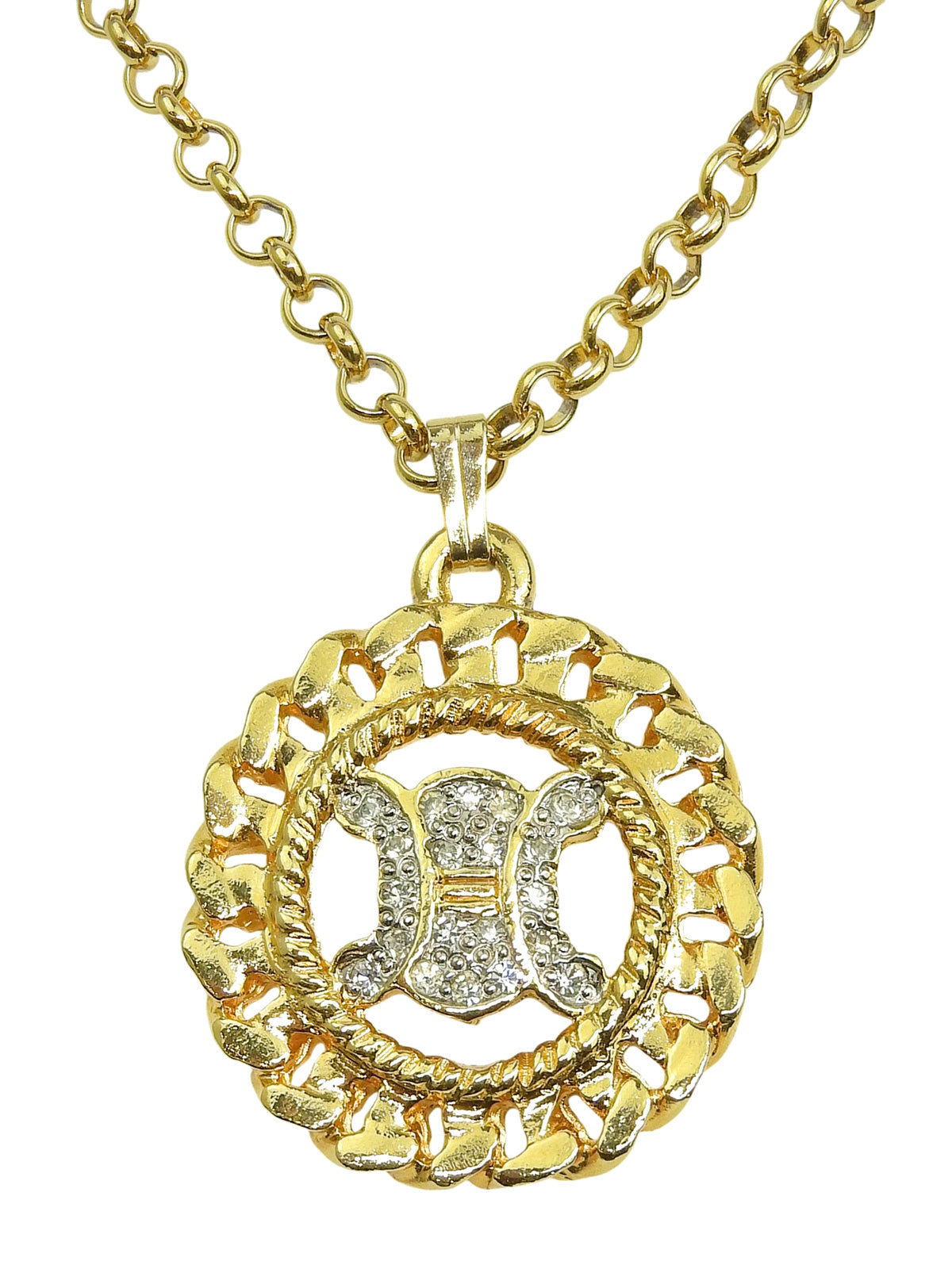 Rhinestone Circle Macadam Plate Necklace Gold