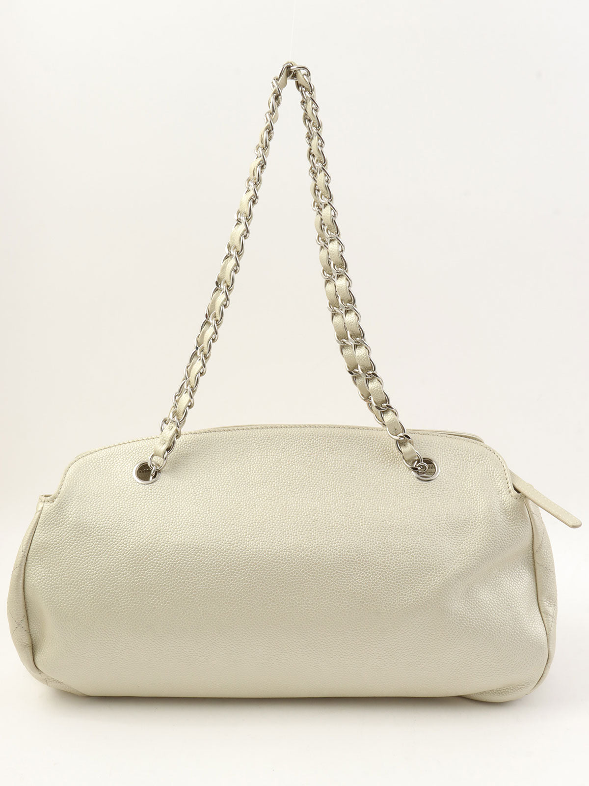 2010年頃製 キャビアスキンCCマークステッチチェーンショルダーバッグ メタリックホワイト