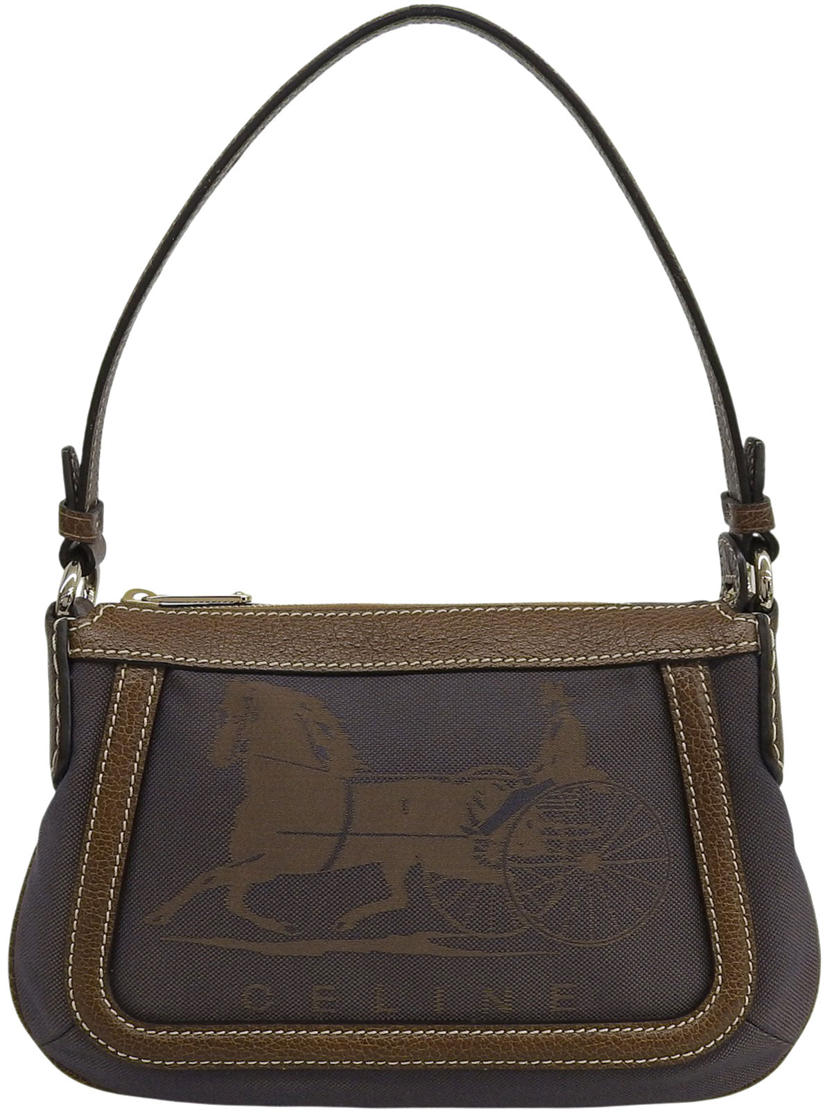 キャンバスレザーコンビ馬車モチーフワンショルダーバッグ ブラウン/ネイビー