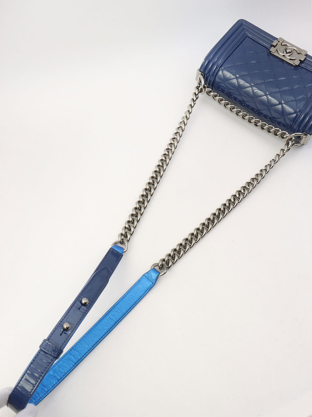 2014-era Patent Boy Chanel Chain Shoulder Bag Blue