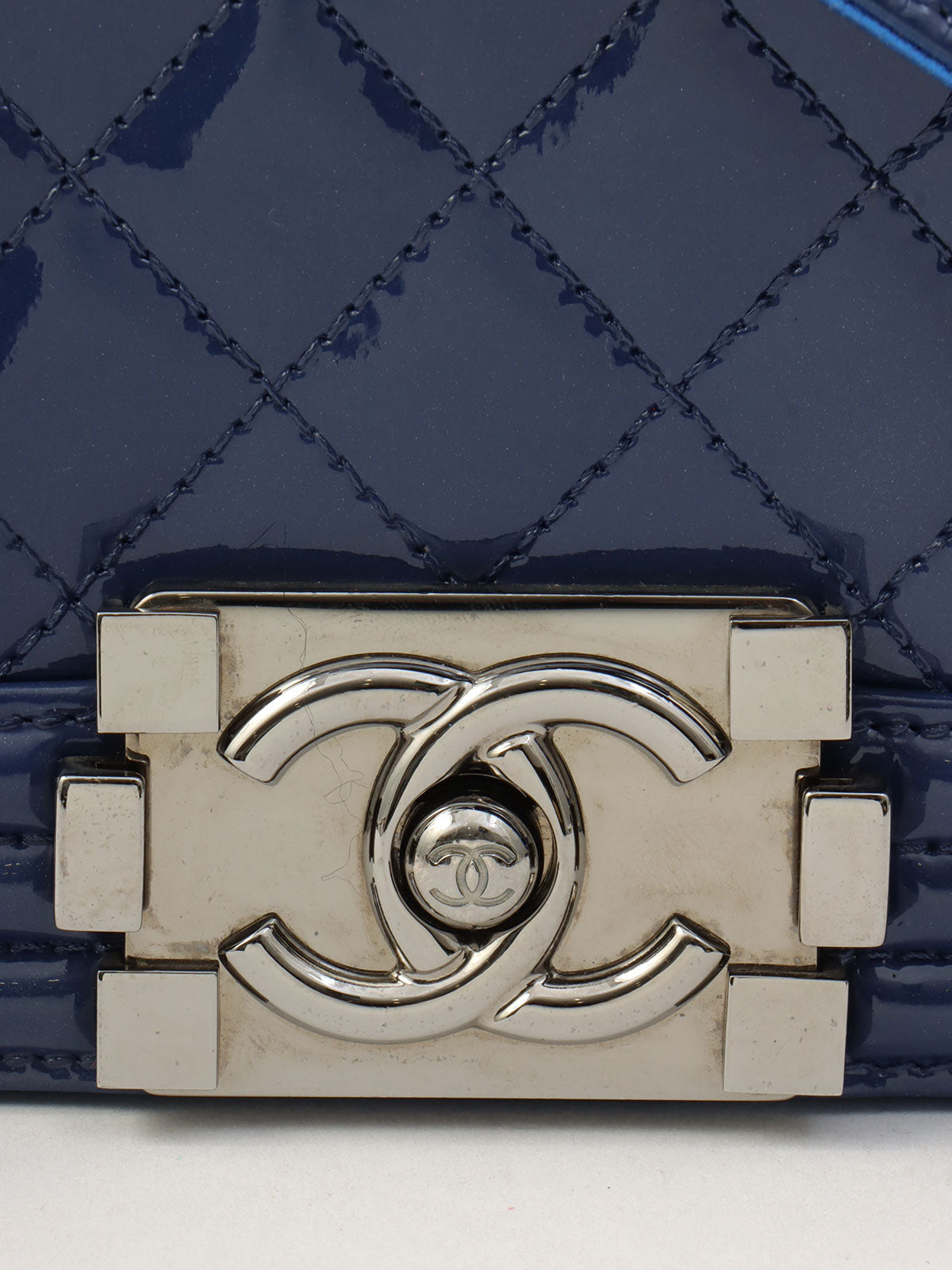 2014-era Patent Boy Chanel Chain Shoulder Bag Blue