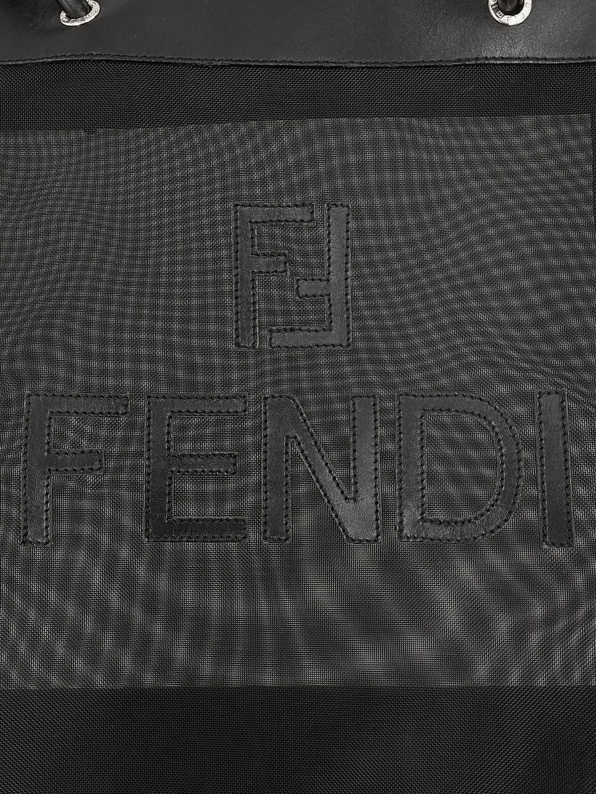 Mesh and leather combination logo tote bag in black
