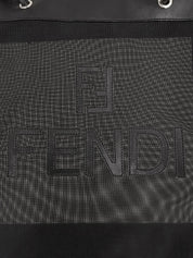 Mesh and leather combination logo tote bag in black
