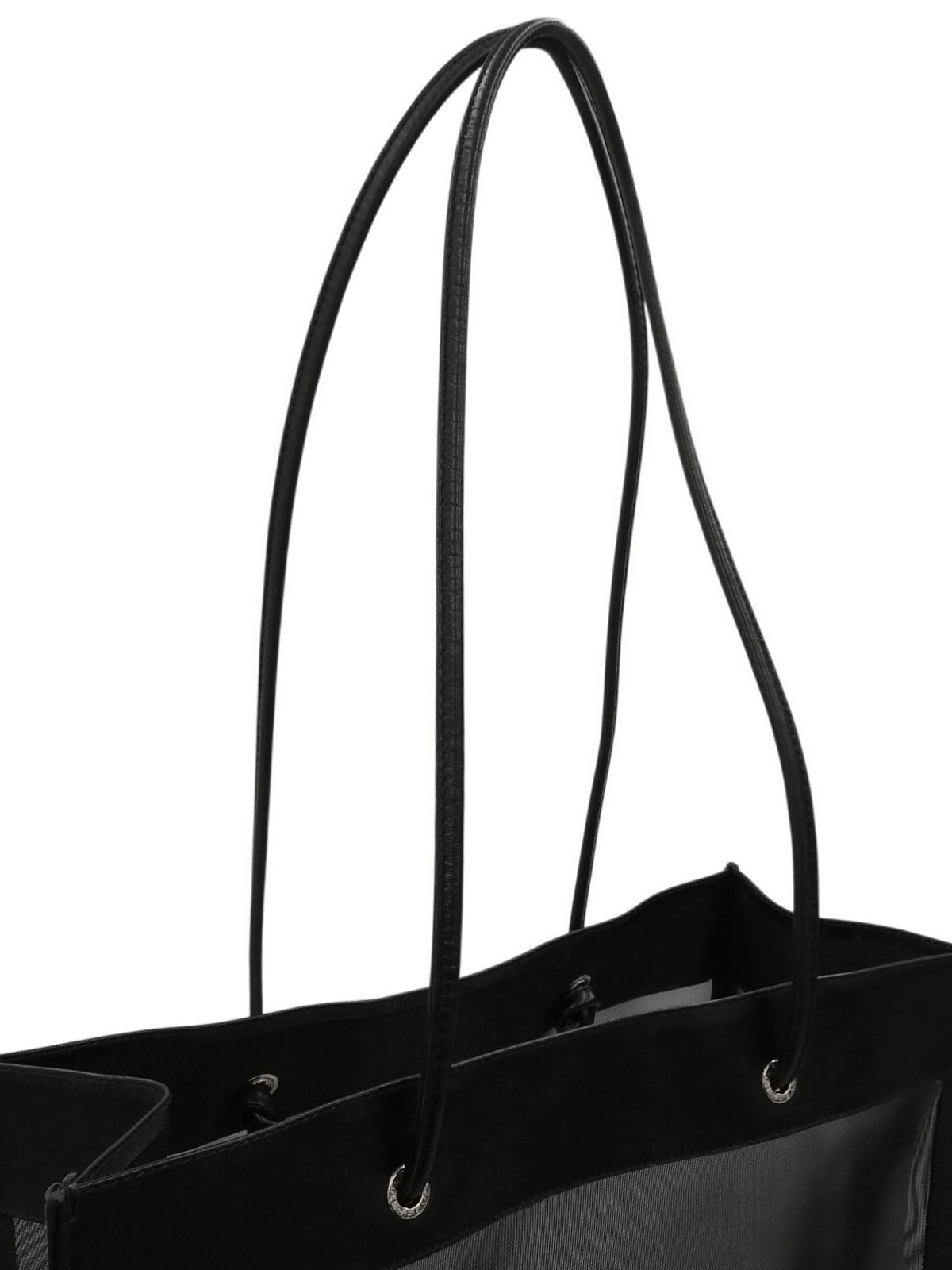 Mesh and leather combination logo tote bag in black