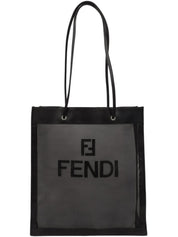 Mesh and leather combination logo tote bag in black