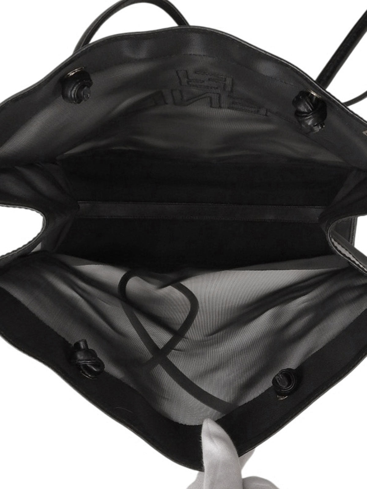 Mesh and leather combination logo tote bag in black