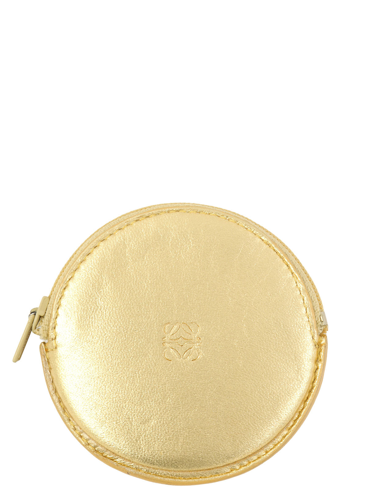 Nappa Leather Round Anagram Embossed Coin Case in Gold