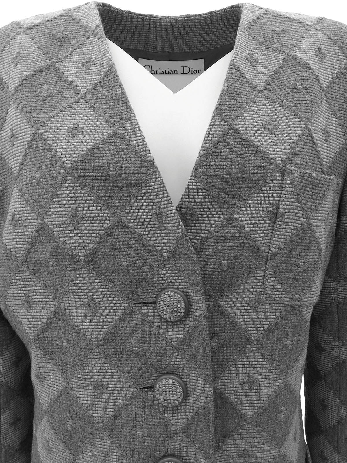 灰色菱格纹无领夹克