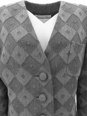 灰色菱格纹无领夹克