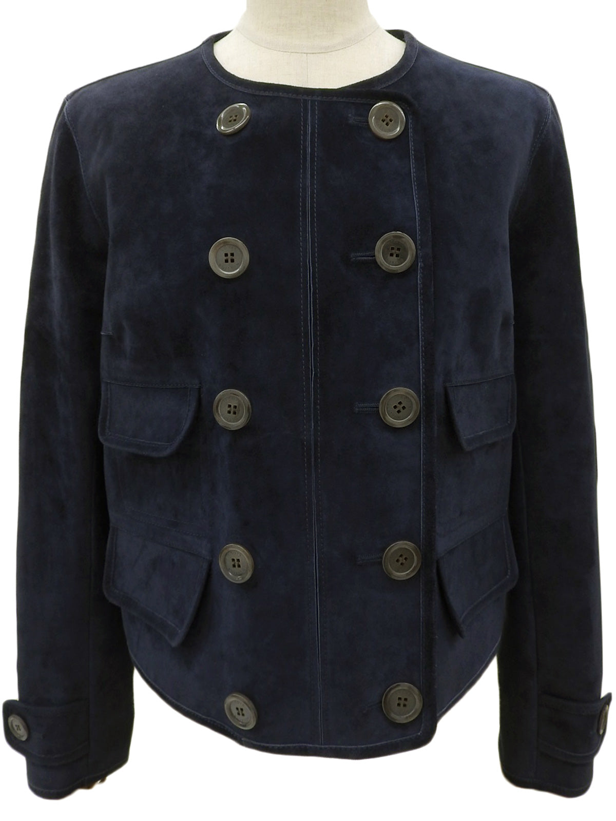 海军蓝麂皮无领logo纽扣夹克