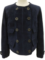 海军蓝麂皮无领logo纽扣夹克