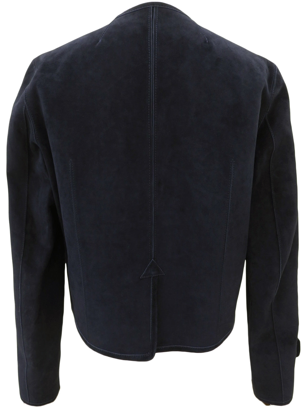 Navy suede logo button collarless jacket
